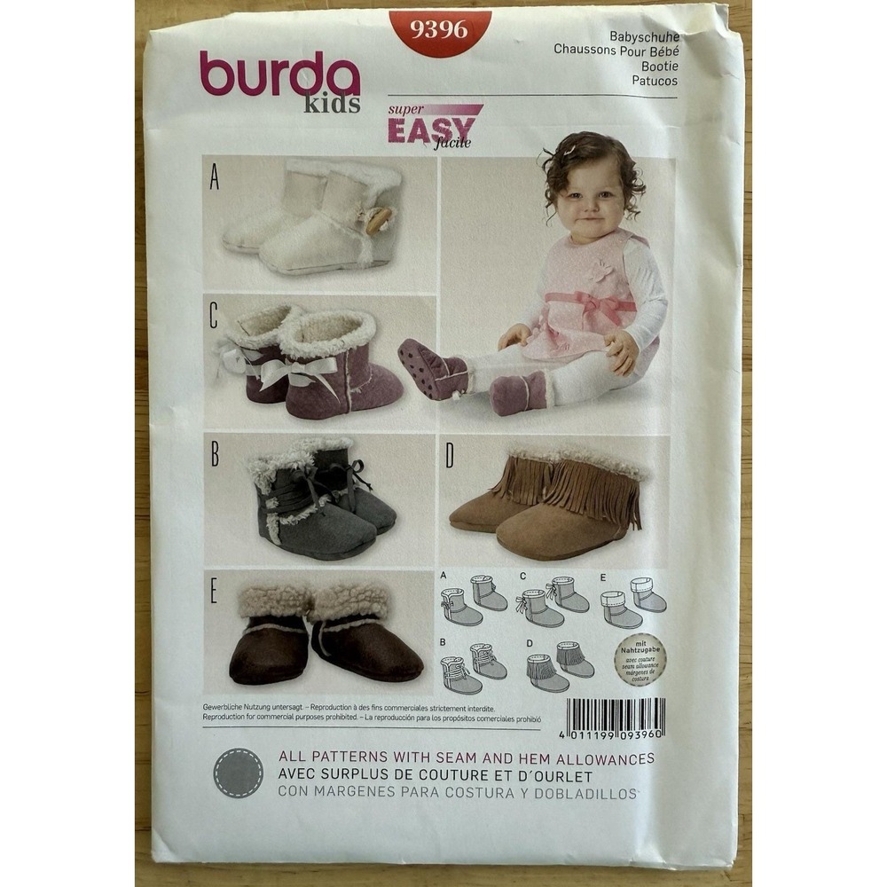 Burda 9396‎ Sewing Pattern Super Easy Baby Booties Shoes Boots Fringe Size 4.75"